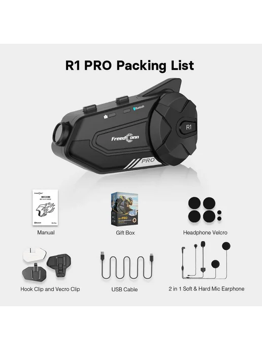 FreedConn R1 PRO мотогарнитура, 1440P, Wi-Fi, черный, черный