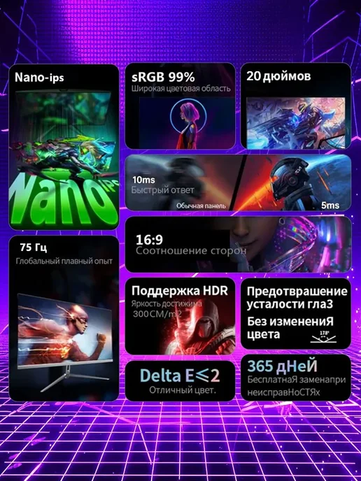 20" монитор для ПК, 75 Гц, черный, черный, фото 2