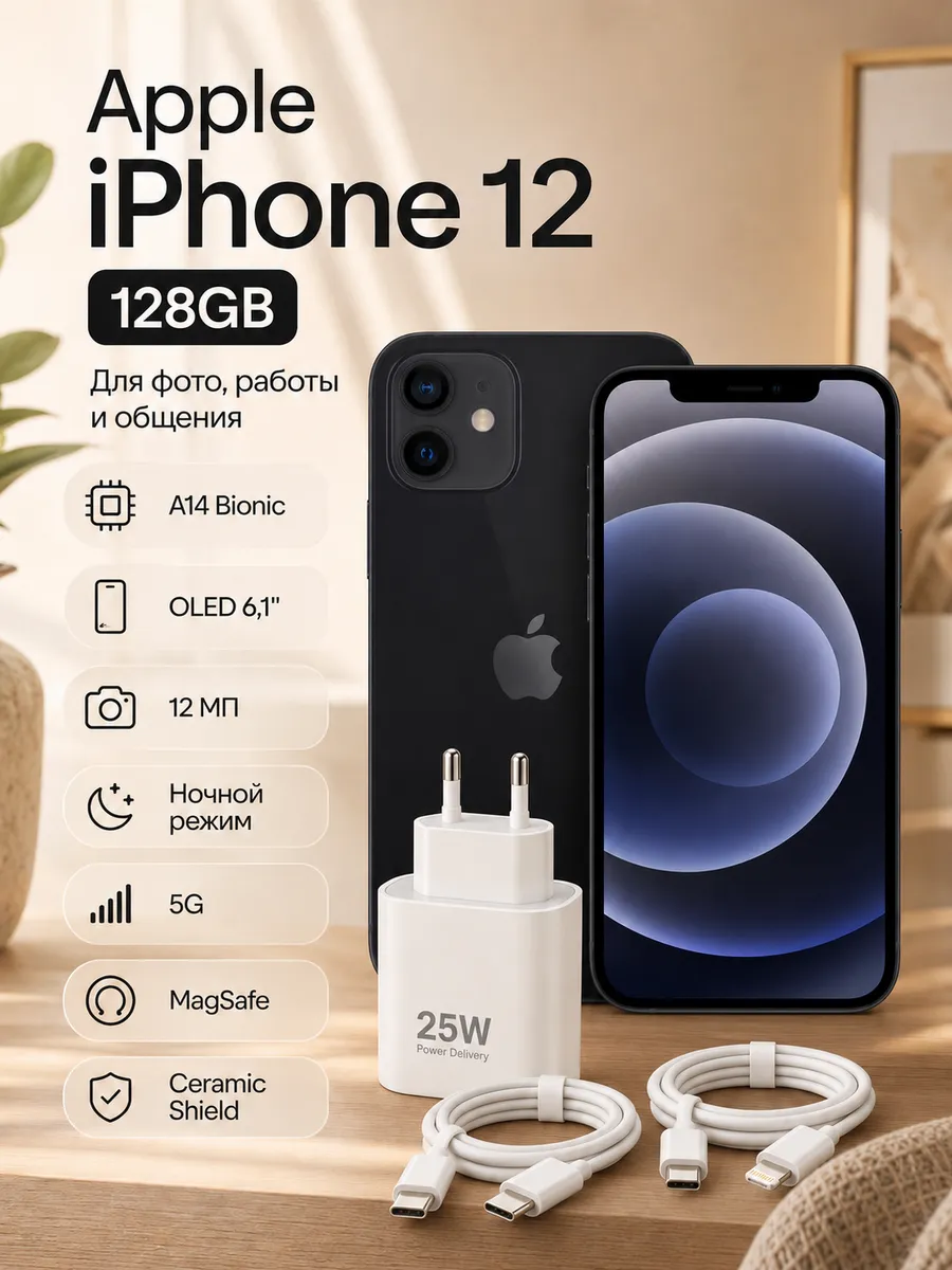 Смартфон 12+128 ГБ, черный Восстановленный