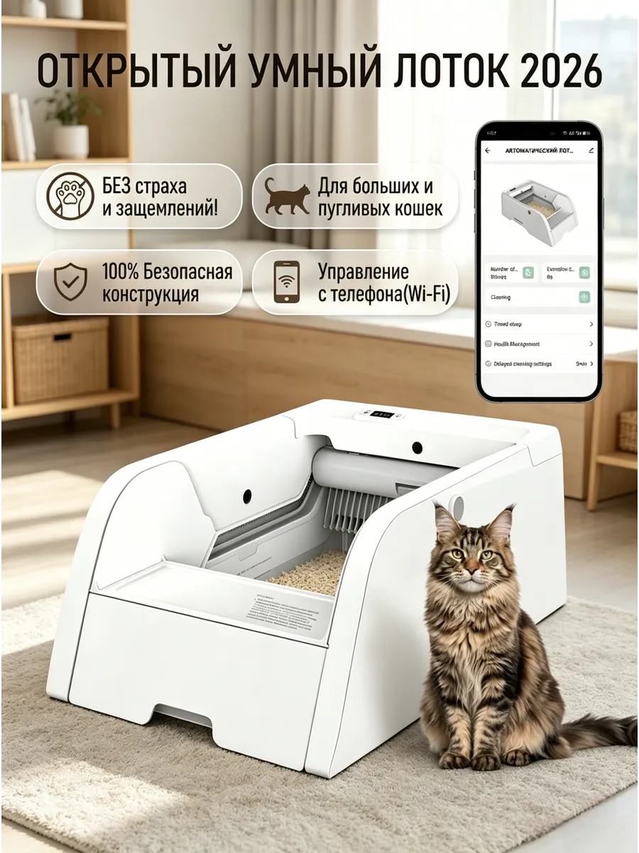 Автоматический открытый умный лоток для кошек с Wi-Fi
