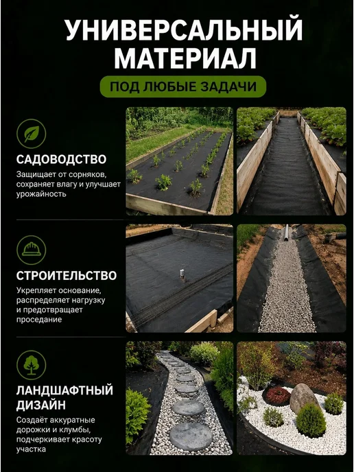 SOMIVA Геотекстиль от сорняков садовый 120 под щебень плотный, черный, фото 7