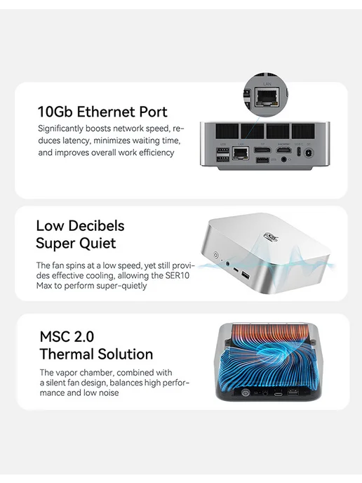 Beelink Игровой Мини компьютер SER10 MAX HX470 32 ГБ 1 ТБ, AI, 32 ГБ, 1 ТБ, фото 4