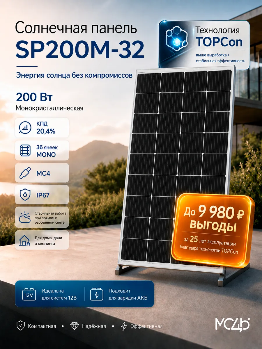 Солнечная панель SP200M-32 монокристаллическая 200 Вт