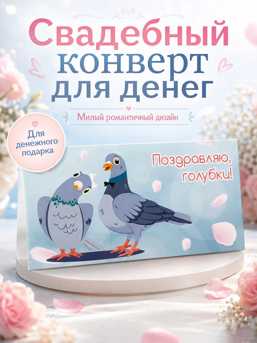 Конверт для денег, свадебный « Поздравляю, голубки!» 17х8,5