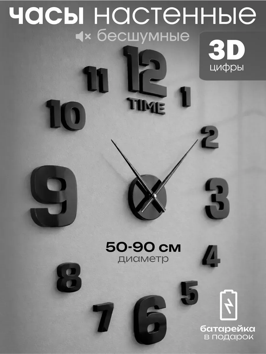 Часы настенные интерьерные большие с цифрами на стену 3D