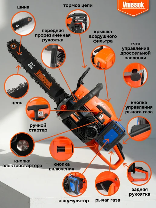 VNIISSOK Бензопила VB-52B цепная с электростартером, 560 мл, фото 5