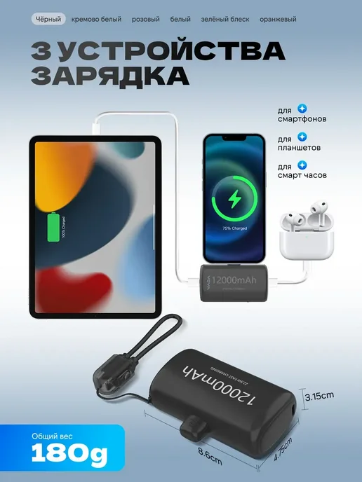 Повербанк мини 12000 мАч, 22.5W быстрая зарядка, 12000 мАч, 22,5 Вт, фото 5