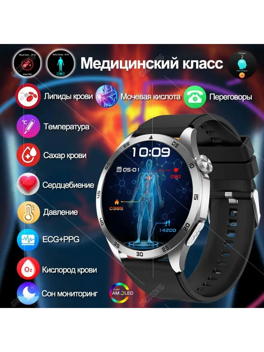 SACOSDING Мужские умные часы с мониторингом здоровья Black Silicone