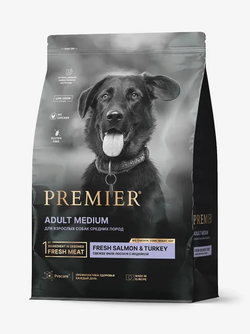 Сухой корм PREMIER.PET для собак, средние, индейка, лосось, 3 кг