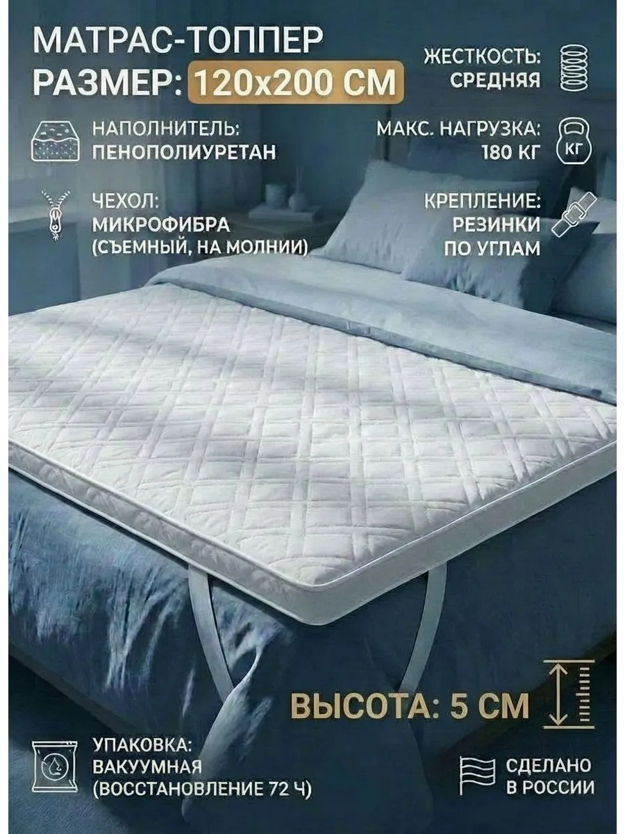 Матрас топпер 120х200 см беспружинный на кровать