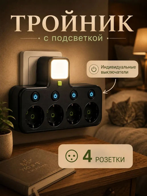 без бренда Тройник для розетки, черный, фото 2