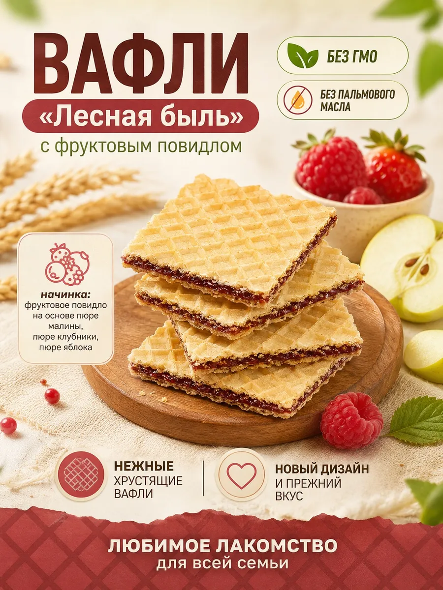 Вафли "Лесная быль"с фруктовым повидлом,250 гр