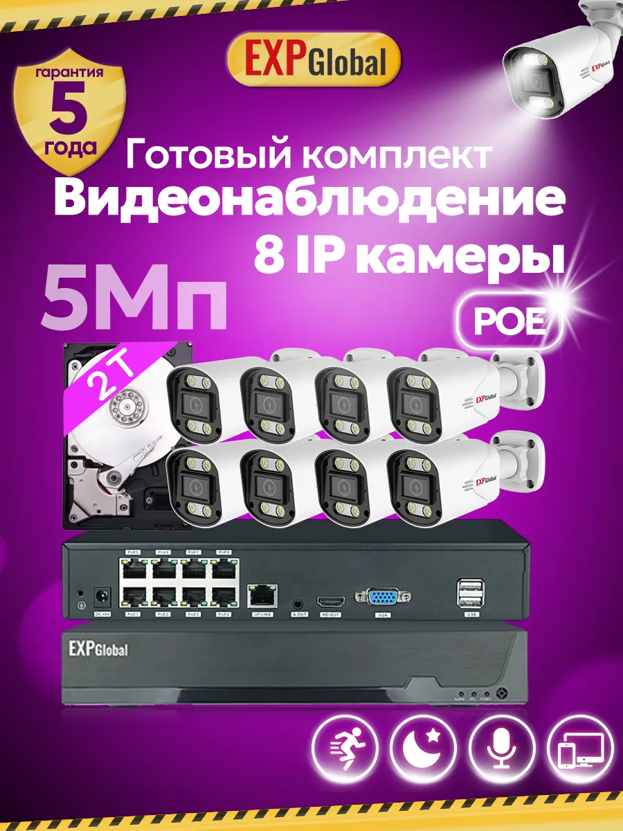 Комплект видеонаблюдения уличный 8 IP камеры 5Мп POE 2ТБ HDD