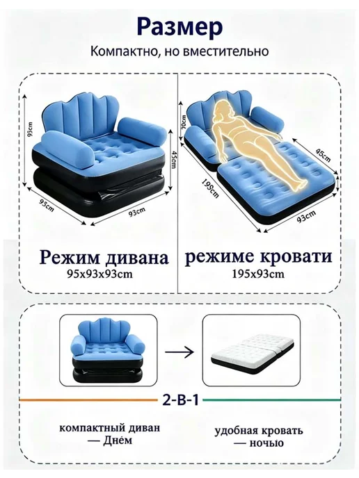Садовый диван с быстрым надуванием и мягким флок, синий, фото 3