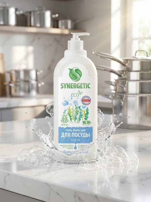 SYNERGETIC Гель-бальзам для посуды PURE, 1000 мл, 1 л, фото 4