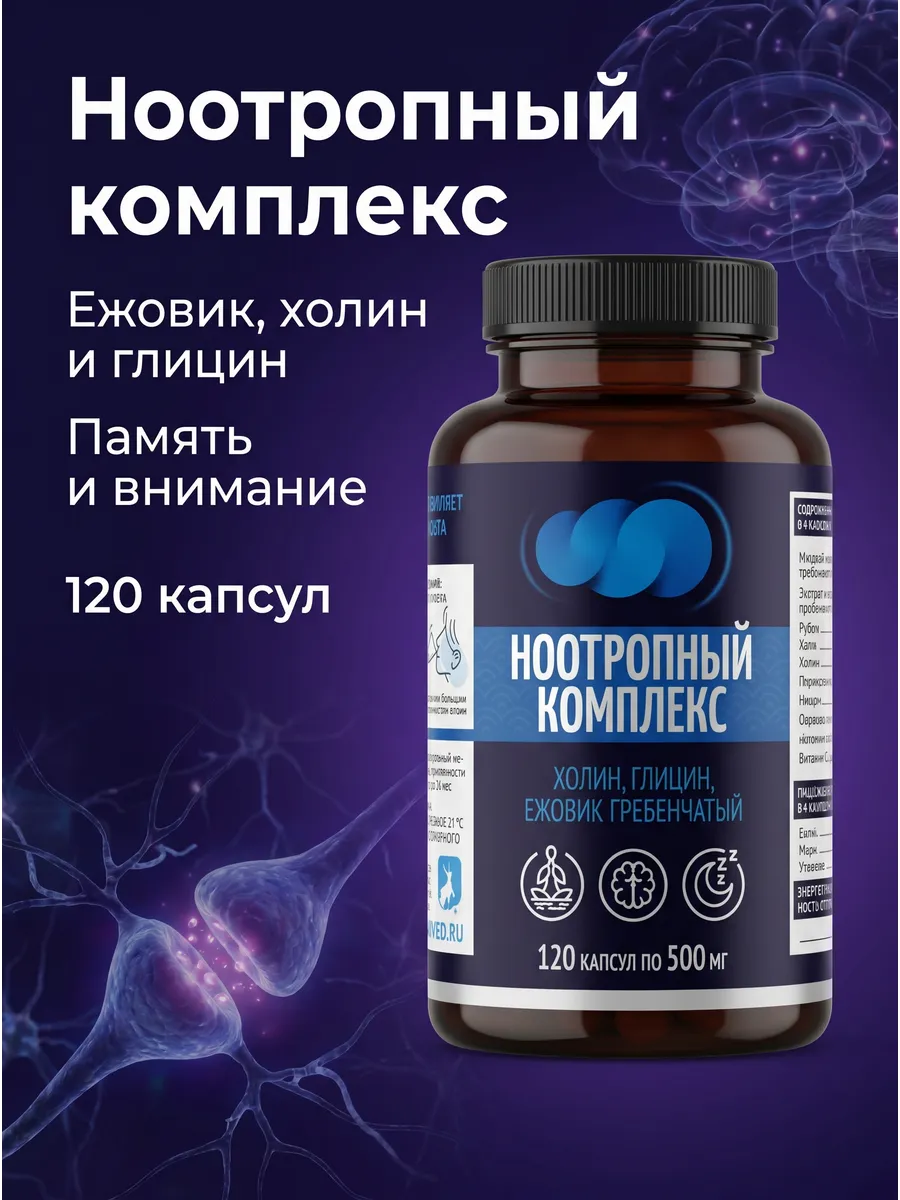 Ноотропный комплекс: холин, глицин, ежовик гребенчатый, 120 капсул. Натурведъ 57