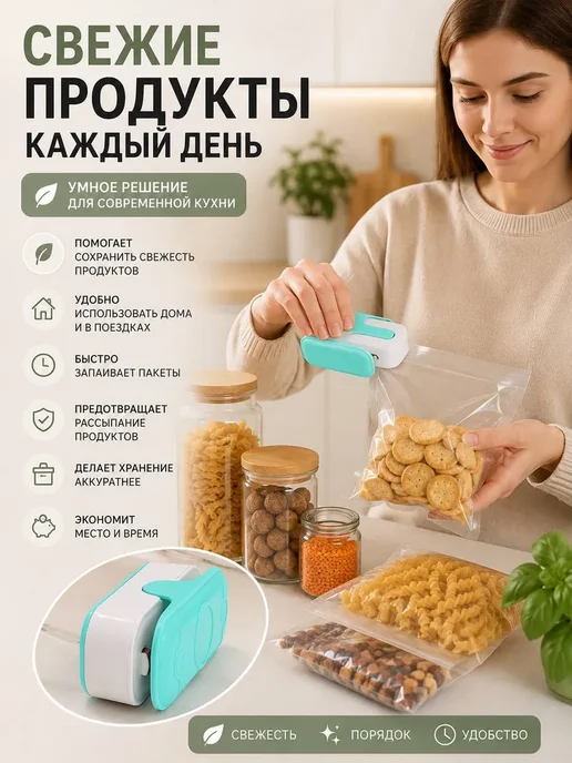 БЖ8 Запайщик для пакетов 2 в 1, кухонный упаковщик с резаком, голубой, фото 4