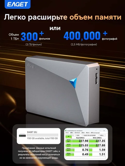 EAGET Внешний жесткий диск 1 ТБ HDD 200 МБ с USB3.0 Type-C, 1 ТБ, фото 3