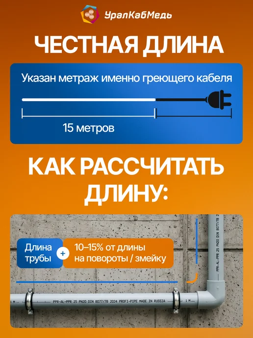 УралКабМедь Кабель греющий алюм саморегулирующийся комплект с вилкой 10м, 15 м, фото 4
