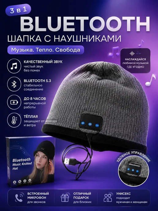 Nurza Шапка с Bluetooth наушниками музыкальная зимняя беспроводное, серый