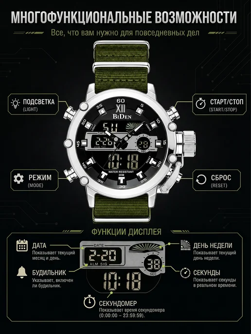BIDEN WATCH Часы наручные тактические с секундомером и будильником, зеленый, фото 8