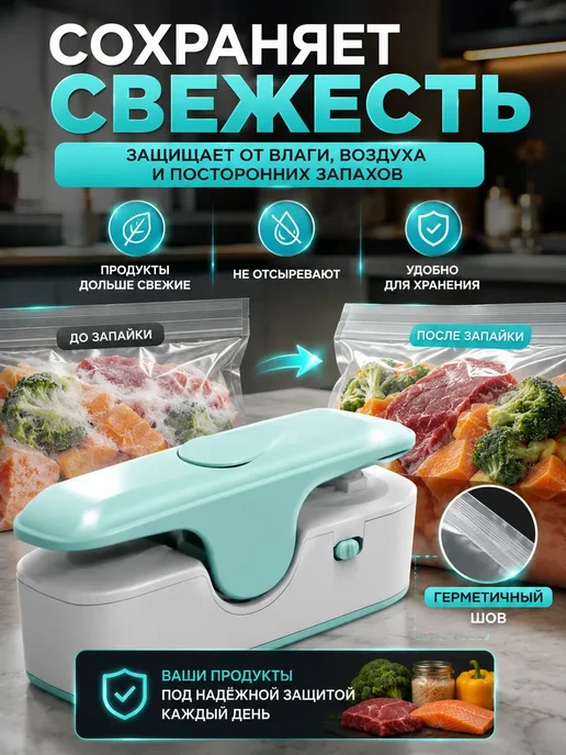 Лем0806 Мини запайщик пакетов 2 в 1 с резаком USB кухонный, голубой, фото 2