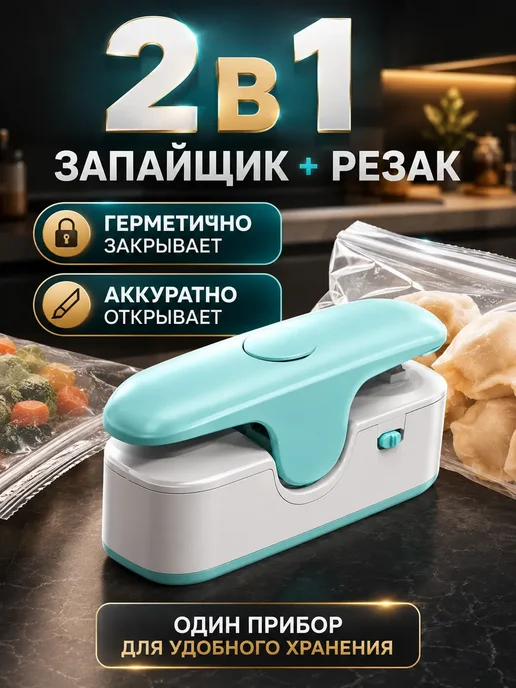 Лем0806 Мини запайщик пакетов 2 в 1 с резаком USB кухонный, голубой, фото 3