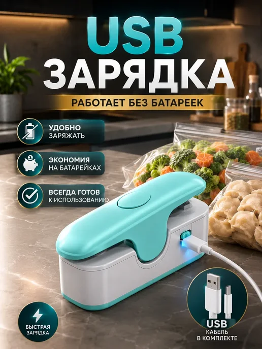 Лем0806 Мини запайщик пакетов 2 в 1 с резаком USB кухонный, голубой, фото 4