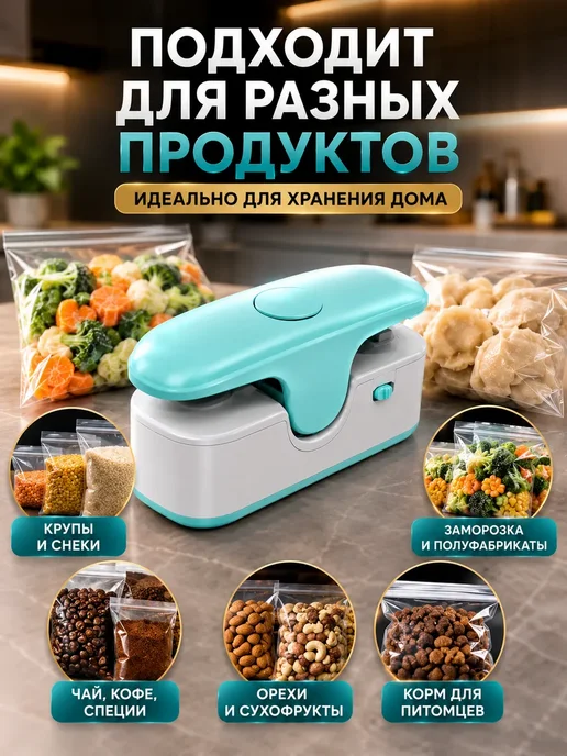 Лем0806 Мини запайщик пакетов 2 в 1 с резаком USB кухонный, голубой, фото 5