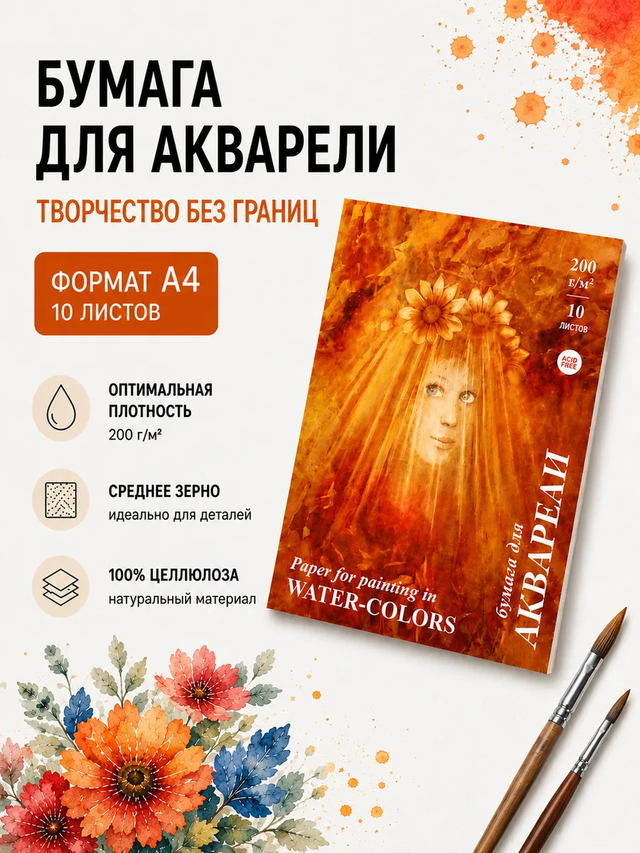 Бумага для акварели Флора А4 200 г м2 Гознак 10 листов
