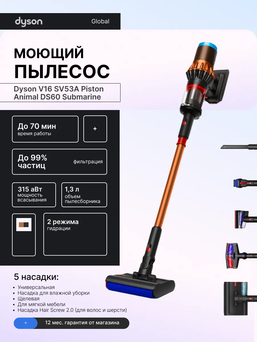 Dyson Пылесос V16 SV53A Piston Animal DS60 Submarine Black