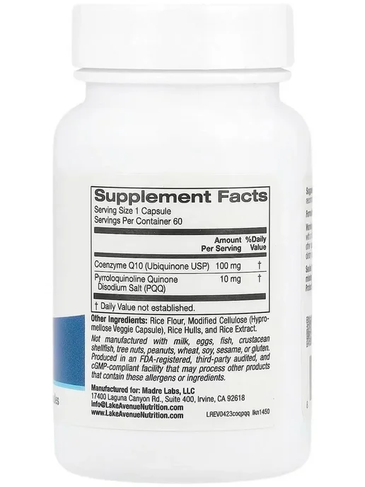 Lake avenue nutrition Коэнзим Q10, убихинон класса USP, + PQQ 100 мг 60 капсул, 170 мл, фото 7