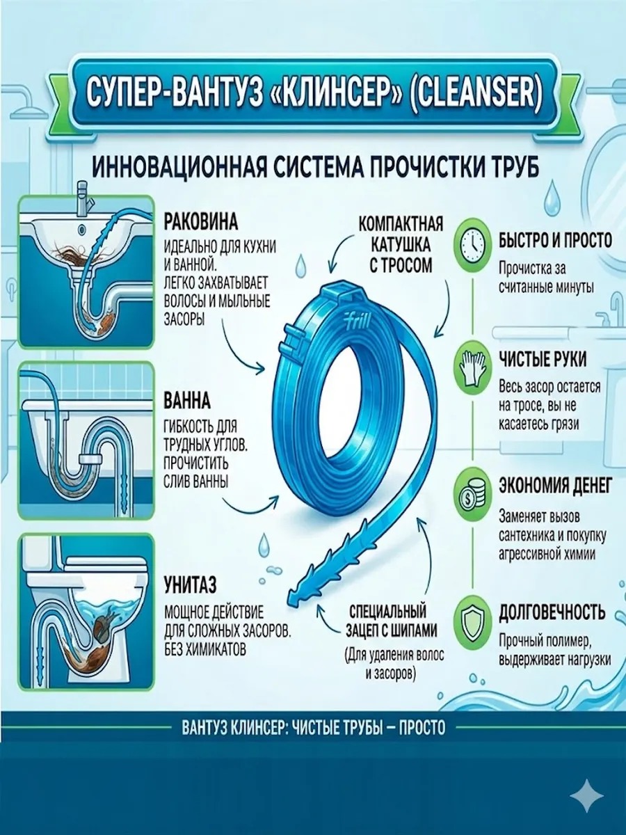Вантуз от засоров раковин трос для прочистки труб от засоров