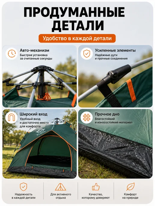 Палатка автоматическая туристическая 2-3 местная, зеленый, фото 2