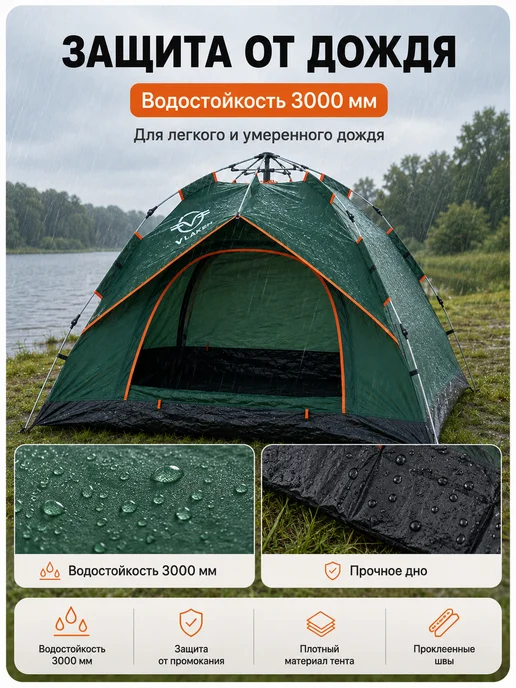 Палатка автоматическая туристическая 2-3 местная, зеленый, фото 5