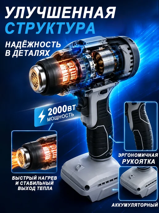 OUOU POWER TOOLS Фен строительный аккумуляторный без батареи 2000 Вт, 2000 Вт, фото 7