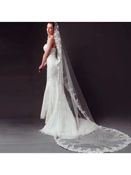 Easttg Бежевая кружевная фата 250 см, Off White, белый, фото 3