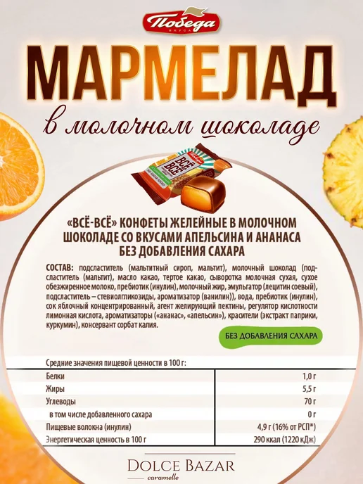 Победа Вкуса Мармелад в молочном шоколаде ассорти без сахара 500 грамм, вариант, фото 3