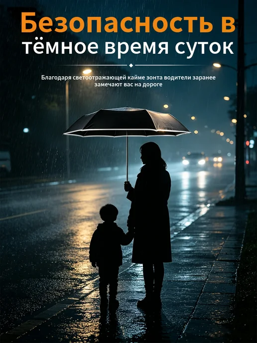 Зонт автомат усиленный компактный, со светоотражающий, черный, фото 2