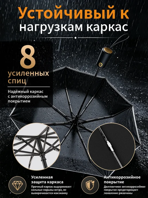 Зонт автомат усиленный компактный, со светоотражающий, черный, фото 3