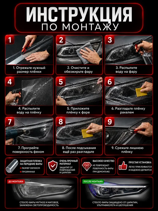 Защитная пленка на фары автомобиля прозрачная 30х100 см, 30x100 см, фото 5