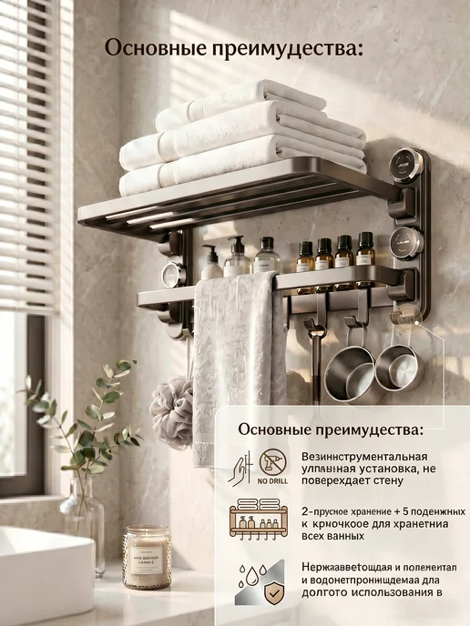 Полка для ванной без сверления, полотенец складная 50 см, серый, фото 4