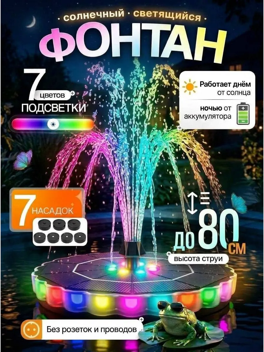 Фонтан садовый на солнечной батарее с подсветкой