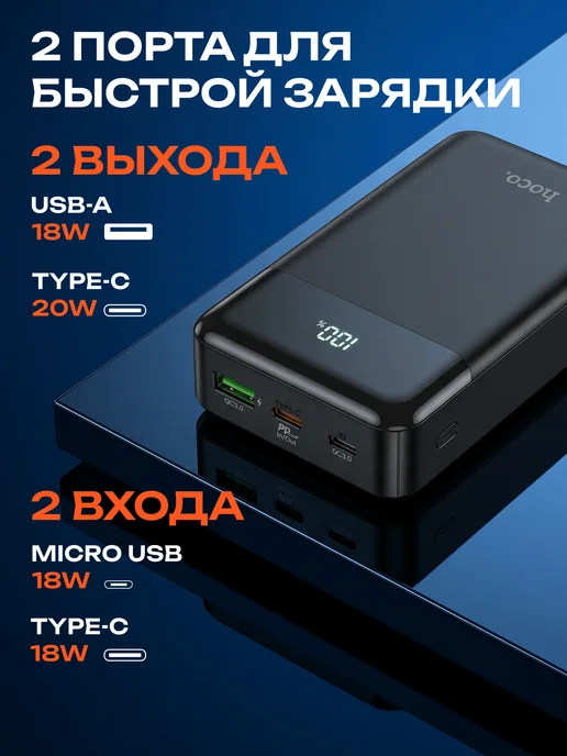 HOCO Повербанк 20000 Power bank для телефона внешний аккумулятор, черный, фото 5