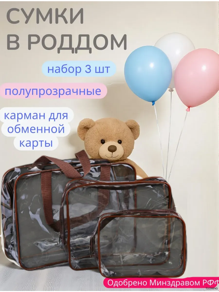 Набор из 3 прозрачных сумок в роддом, темно-коричневый