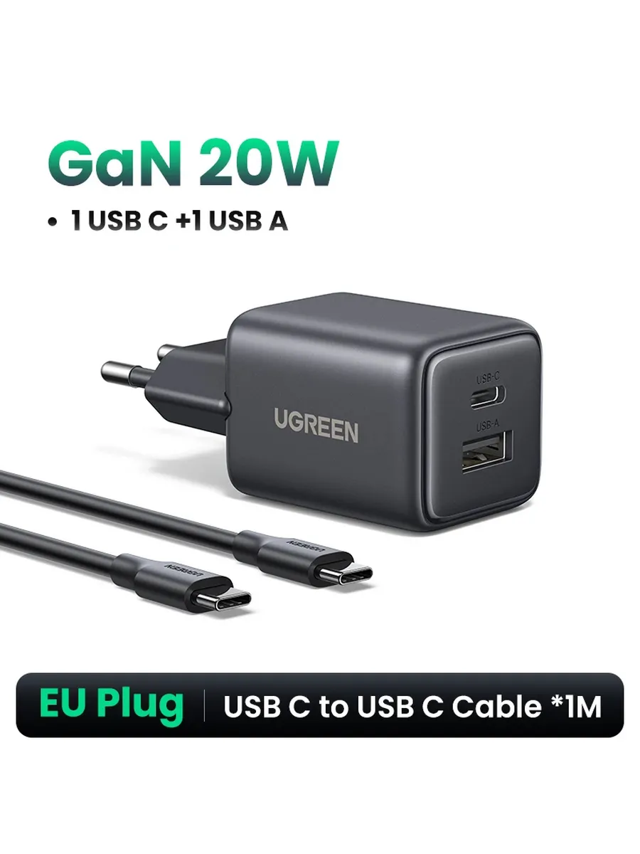 Зарядное UGREEN 20W GaN EU, USB-C + USB-A, кабель 1м