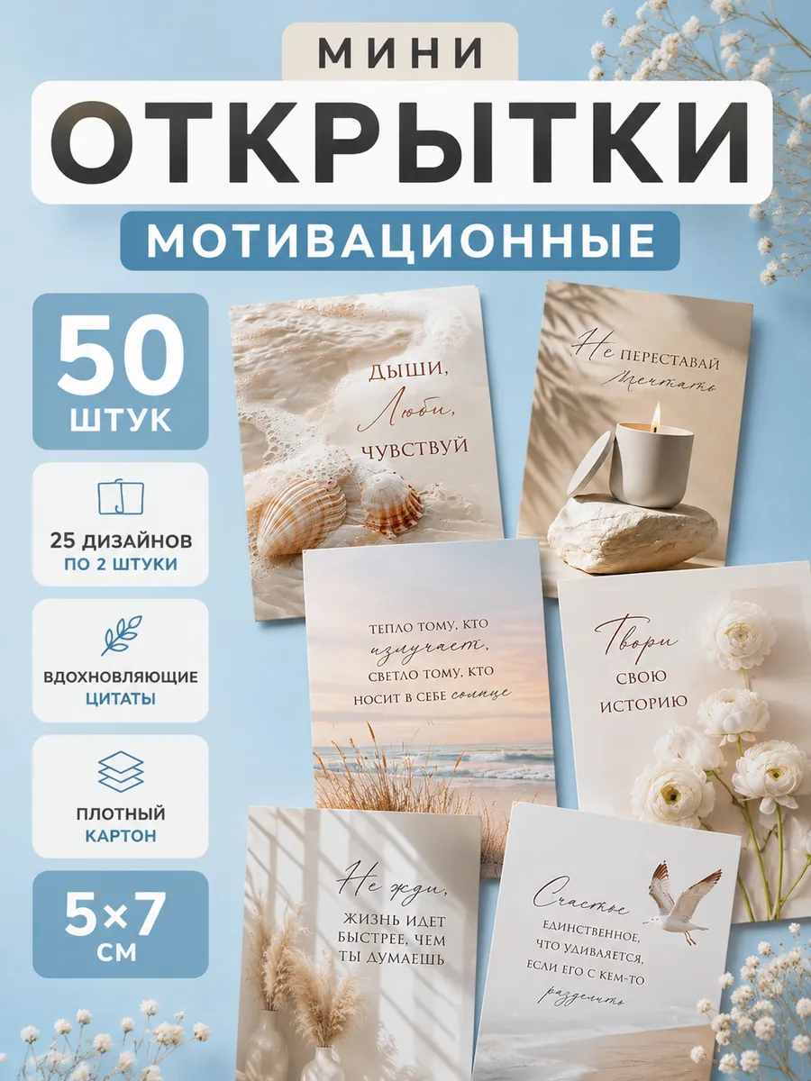 Мини открытки мотивационные подарочные 50 штук