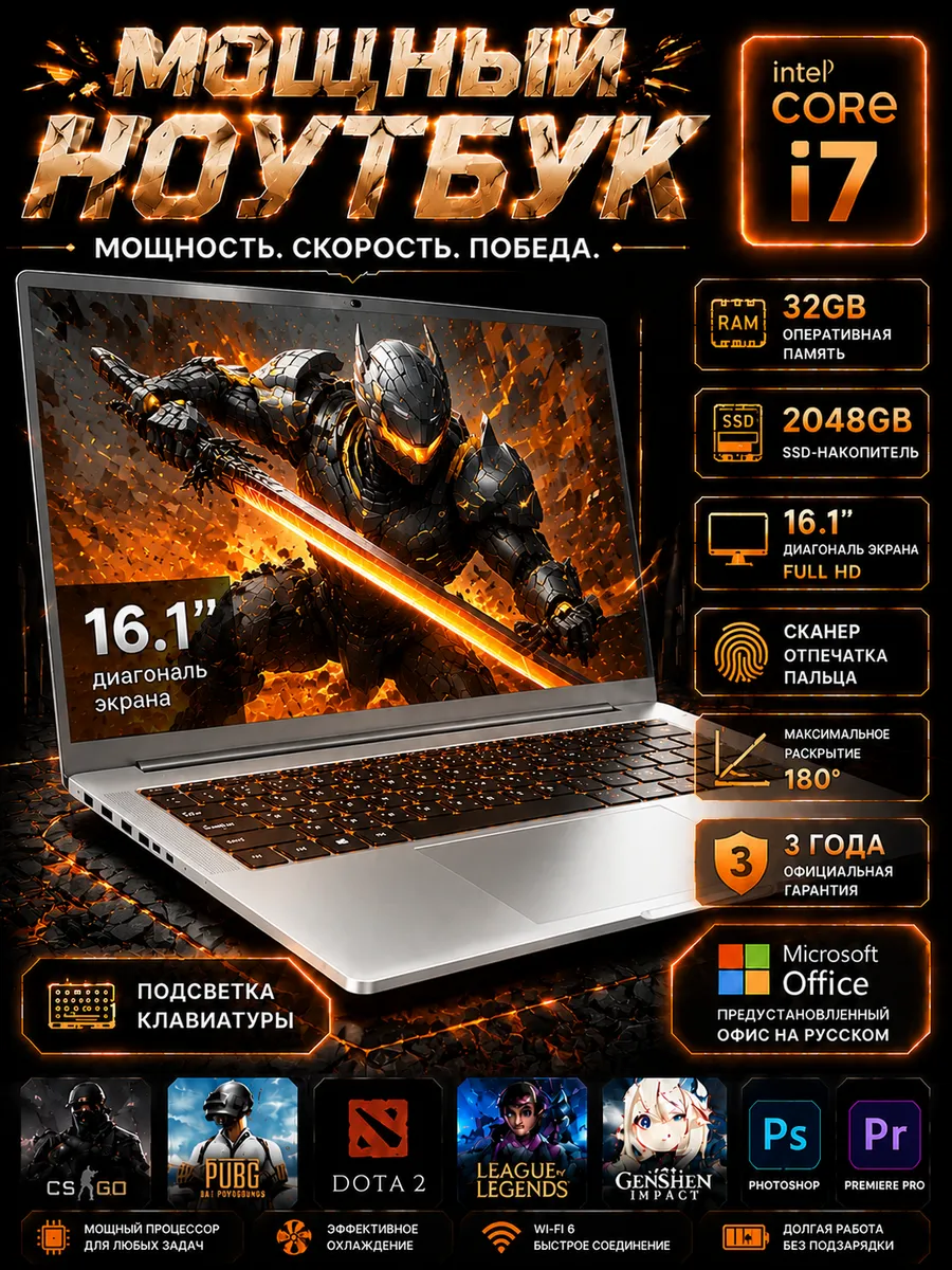 16.1”Intel Core i7 Ноутбук, 32 ГБ , SSD 2ТБ для работы и игр