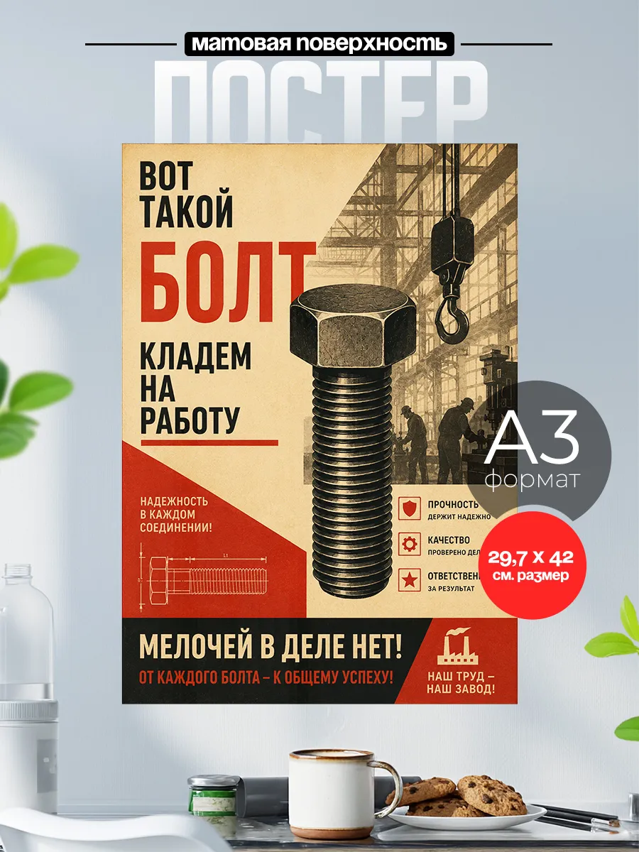 Советский плакат на стену А3 Кладем болт на работу