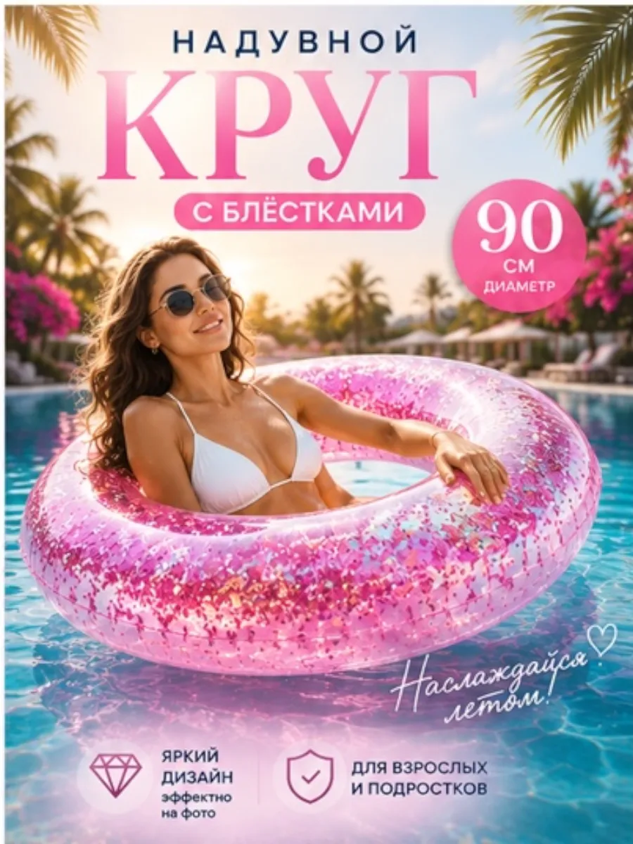 круг надувной для плавания с блестками 90 см